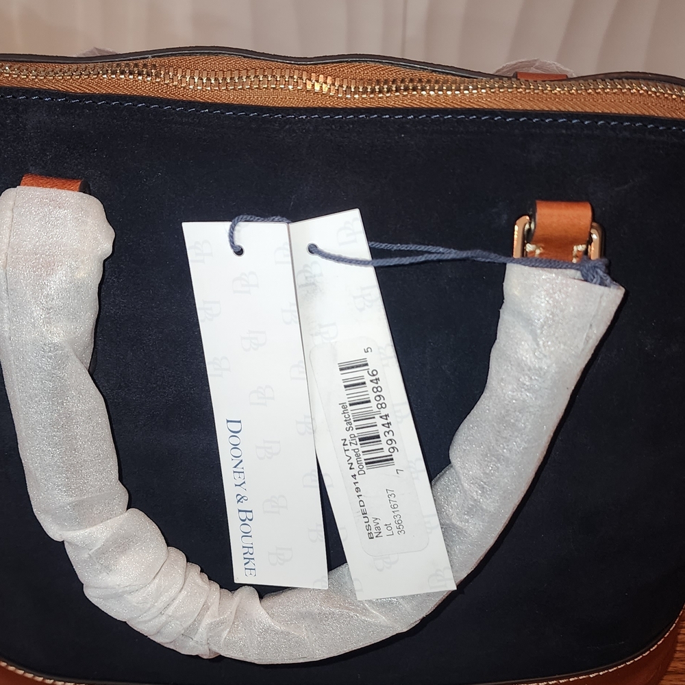 NWT** DOONEY & BOURKE - Dome Zip Satchel, Navy Suede and Tan Leather - Picture 9 of 10